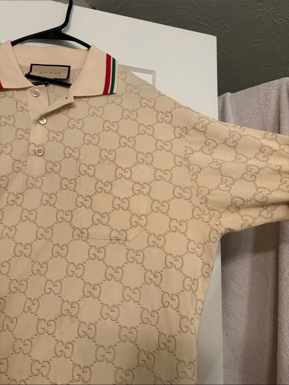 AUTHENTIC Gucci Beige GG Embossed Monogram Polo Shirt Button Up XL
